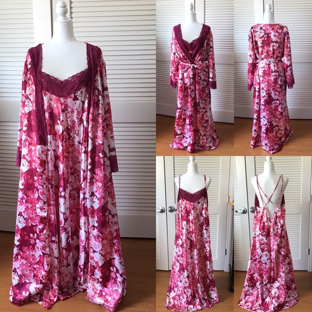 Pink Satin Long Nightgown & Robe Set By Amoureuse